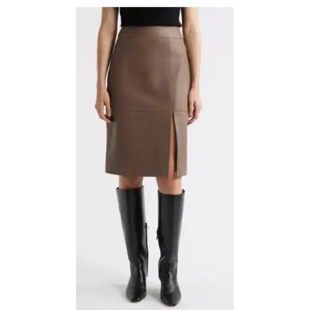BOSS Seleni Brown Leather Pencil Skirt Size 2 High Waist Slit Office Fall Style
